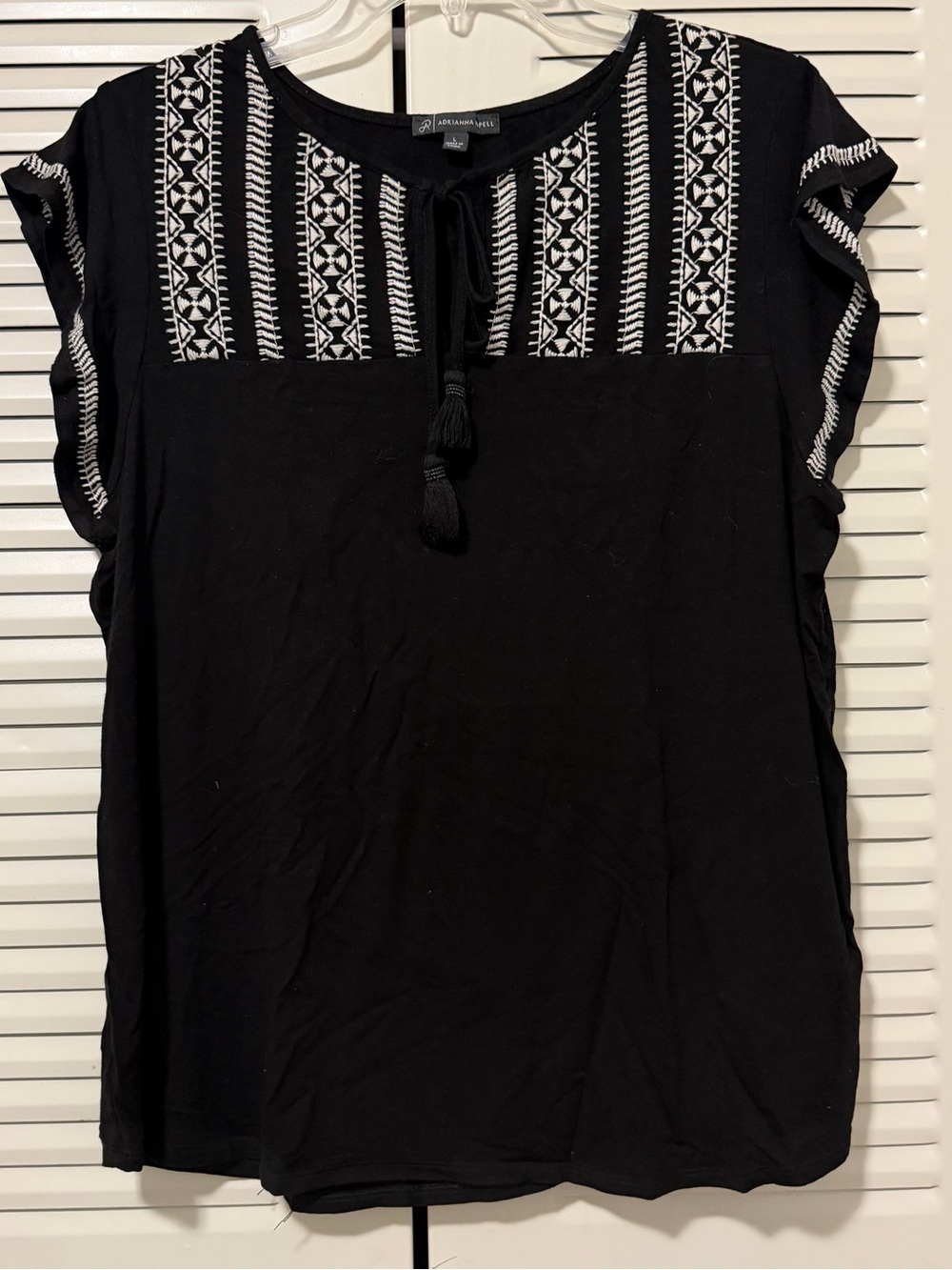 Adrianna Papell Black Embroidered Tassel Boho Tunic